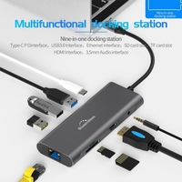 New 9 in 1 Type-C HUB Docking Station Ethernet Adapter with USB 3.0 & PD Charging&3.5MM TF Card Reader & Camera Card Reader 4K HDMI