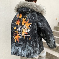 Perth Man Men Padded Jacket Warm Winter Fur Collar Loose Cotton Jacket Fashion Hit Color Printing Bread Service