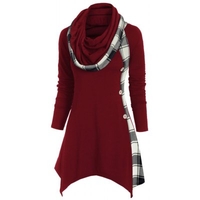 Plaid Convertible Neck Button Embellished Asymmetrical T-shirt