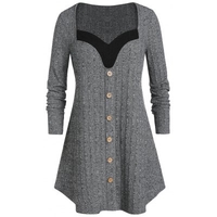 Plus Size Contrast Sweetheart Collar Button Sweater