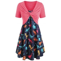 Plus Size Dinosaur Print Ruffled Dress With Twist Top