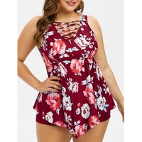 Plus Size Floral Print Criss Cross Peplum Tankini Set