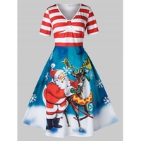 Plus Size Striped Santa Claus Elk Print Christmas Dress