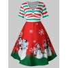 Plus Size Vintage Stripe Snowman Print Christmas Swing Dress