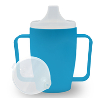 Dr. Junghans Einnehmbecher,  Schnabeltasse Senioren,  2 Griffe 29081,  1 Becher mit zwei Griffen + 1 Deckel (4mm),  blau