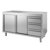 Gastro-Inox Edelstahl Arbeitsschrank mit Drehtüren,  Tiefe 600 mm 302.302,  Maße: (L x T x H) 1200 x 600 x 880 mm,  mit 3 Schubladen