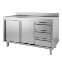 Gastro-Inox Edelstahl Arbeitsschrank mit Drehtüren,  Tiefe 600 mm 302.322,  Maße: (L x T x H) 1200 x 600 x 880 mm,  3 Schubladen + Aufkantung
