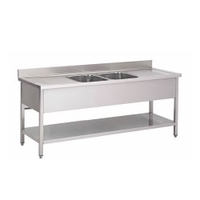Gastro-Inox Spültisch,  mit mittig 2 Becken,  Tiefe 700 mm 305.445,  Maße: (L x T x H) 2000 x 700 x 880 mm,  Grundboden + Aufkantung
