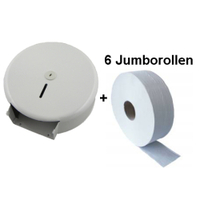 Jumborollenspender + 6 Rollen Papier 1 Paket = 6 Jumborollen á ca. 380 m,  hochweiß