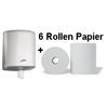 Putztuchrollenspender + 6 Rollen Papier Rollenhandtuchpapier 1-lagig,  weiß
