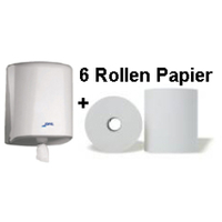 Putztuchrollenspender + 6 Rollen Papier Rollenhandtuchpapier 1-lagig,  weiß