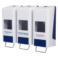 Trispender - 3 Softflaschenspender auf Wandplatte SF2000B3,  Farbe: blau-weiß