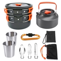 10 Stück Camping Kochgeschirr Mess Kit 2-3 Personen Leichte Kettle Pot Pfanne mit 2 Tassen Gabel Löffel Kit Rucksackausrüstung für Outdoor Camping Picknick Rucksackwandern Wandern