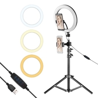 10-Zoll-Metall-LED-Ringlicht 3 Beleuchtungsmodi 10 Stufen Helligkeit USB-Stromversorgung mit 50-cm-Lichtstativ + Kugelkopfadapter + 2 Stück flexibler Telefonhalter für Live-Streaming Videoaufzeichnung Netzwerk Broadcast Selfie Makeup