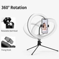 10-Zoll-USB-Desktop-Ringlicht mit 3 Farbmodi / 10 Helligkeitsstufen / Flexibles Netzteil / 360 ° drehbarer Kugelkopf / Telefonständer / Stativ