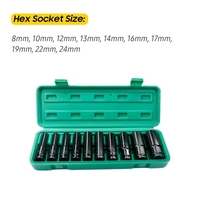 1/2-Zoll-Sechskant-Steckschlüsselsatz 10-teilig,  tiefe Steckschlüssel,  metrische Größen 8-24 mm Kohlenstoffstahl mit Aufbewahrungsbox