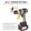 Akku-Bohrschrauber 21V 6.0A Batterie Maximales Drehmoment 200N.m 1/2 Zoll Metall Keyless Chuck 20 + 3 Position 0-1550RMP Schlagschrauber mit variabler Geschwindigkeit Hammerbohrer mit Kunststoff-Werkzeugkasten