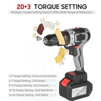 Akku-Bohrschrauber 21V 6.0A Batterie Maximales Drehmoment 200N.m 1/2 Zoll Metall Keyless Chuck 20 + 3 Position 0-1550RMP Schlagschrauber mit variabler Geschwindigkeit Hammerbohrer mit Kunststoff-Werkzeugkasten