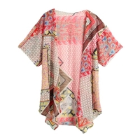 Alte Frauen Chiffon Kimono Geometrie Print Hälfte Fledermaus Ärmel lose schiere Cardigan Oberbekleidung Bluse rot