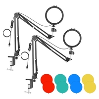 Andoer 6-Zoll-LED-Videoleuchte-Kit in runder Form,  einschließlich 1 * 5600K USB-LED-Fülllicht mit Kaltschuhhalterung + 1 * Metall-Lichtstativ für Tischmontage + 1 * Flexibler Metallkugelkopf + 4 * Farbfilter (Rot / Gelb / Blau / Grün) für Live-Stream