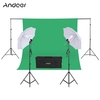 Andoer Fotografie Kit 2 * 3m Hintergrund Stand 1.8 * 2.7m Grün Muslin Hintergrund 2Pcs 135W 5500K Weiß Daylight Glühlampen mit 2 Swivel Steckdosen 2Pcs 33 "White Soft Light Umbrella 2Pcs Licht für Fotostudio Ständer