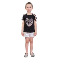 Mädchen-T-Shirts nette Herz-Förmige Pailletten-Baumwollsommer-schulterfreie beiläufige Kinderoberseiten-Kinderkleidung schwarz für 3-8T