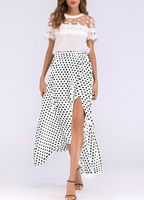 Vintage Frauen hohe Taille Polka Dot Maxi Kleid Seitenschlitz asymmetrischen Hem Sommer Retro langen Rock