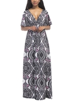 Vintage Frauen Plus Size Maxikleid Geometrische Print Plunge V-Ausschnitt mit kurzen Ärmeln Bohemian lange Kleider