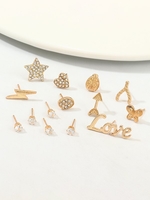 14Pcs Rhinestone Butterfly Letter Heart Stud Earrings Set