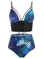 Galaxy Mermaid Lace Up High Waisted Tankini Swimwear