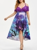 Galaxy Tree Print Overlap Cold Shoulder Plus Size Dress