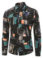 Geometric and Flower Print Button Up Long Sleeve Shirt