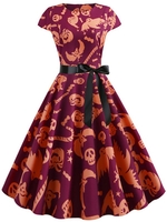 Ghost Pumpkin Bat Cap Sleeves Belted Halloween Dress