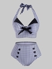 Gingham Bowknot Button Embellished Halter Tankini Swimwear