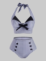 Gingham Bowknot Button Embellished Halter Tankini Swimwear