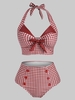 Gingham Bowknot Button Embellished Halter Tankini Swimwear
