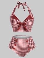 Gingham Bowknot Button Embellished Halter Tankini Swimwear