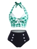 Gingham Bowknot Button Embellished Halter Tankini Swimwear