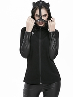 Gothic Cat Ear Faux Leather Panel Zipper Hooded Jacket