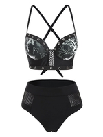 Grommets Fishnet Panel Branch Print Underwire Bikini Swimwear