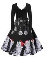 Santa Claus Cat Elk Christmas Scalloped Belted Dress