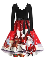 Santa Claus Cat Elk Christmas Scalloped Belted Dress