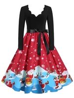 Santa Claus Cat Elk Christmas Scalloped Belted Dress