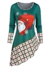 Santa Claus Print Plaid Asymmetric Christmas T Shirt