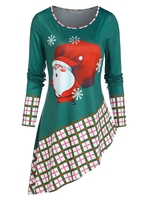 Santa Claus Print Plaid Asymmetric Christmas T Shirt