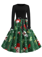 Santa Claus Snowman Christmas Belted Long Sleeves Dress