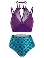 Scale Print Mesh Overlay Mermaid O Ring Tankini Swimwear