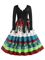 Scalloped Belted Plaid Snowman Christmas Tree Plus Size Dress