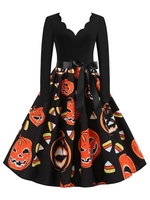 Scalloped Collar Pumpkin Long Sleeve Halloween Dress