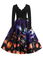 Scalloped Collar Pumpkin Long Sleeve Halloween Dress
